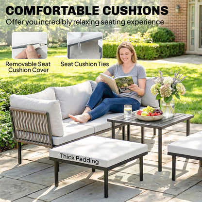 6-Piece Outdoor Lounge Set for 5–6 People — 2-Seat Sofa, Corner Chair, 2 Armless Chairs, Ottoman & Slatted Metal Coffee Table — Thick Cushions, Light Gray