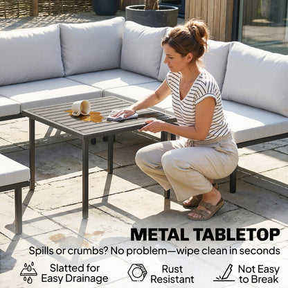 6-Piece Outdoor Lounge Set for 5–6 People — 2-Seat Sofa, Corner Chair, 2 Armless Chairs, Ottoman & Slatted Metal Coffee Table — Thick Cushions, Light Gray