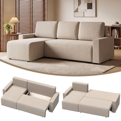 L-Shaped 3-Seater Corner Sofa Bed with Reversible Chaise – Faux Suede, Beige