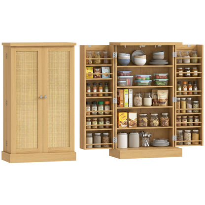 40.9" Kitchen Pantry Cabinet – Rattan Doors, 5-Tier Shelving, 12 Spice Slots & Adjustable Shelves, Natural
