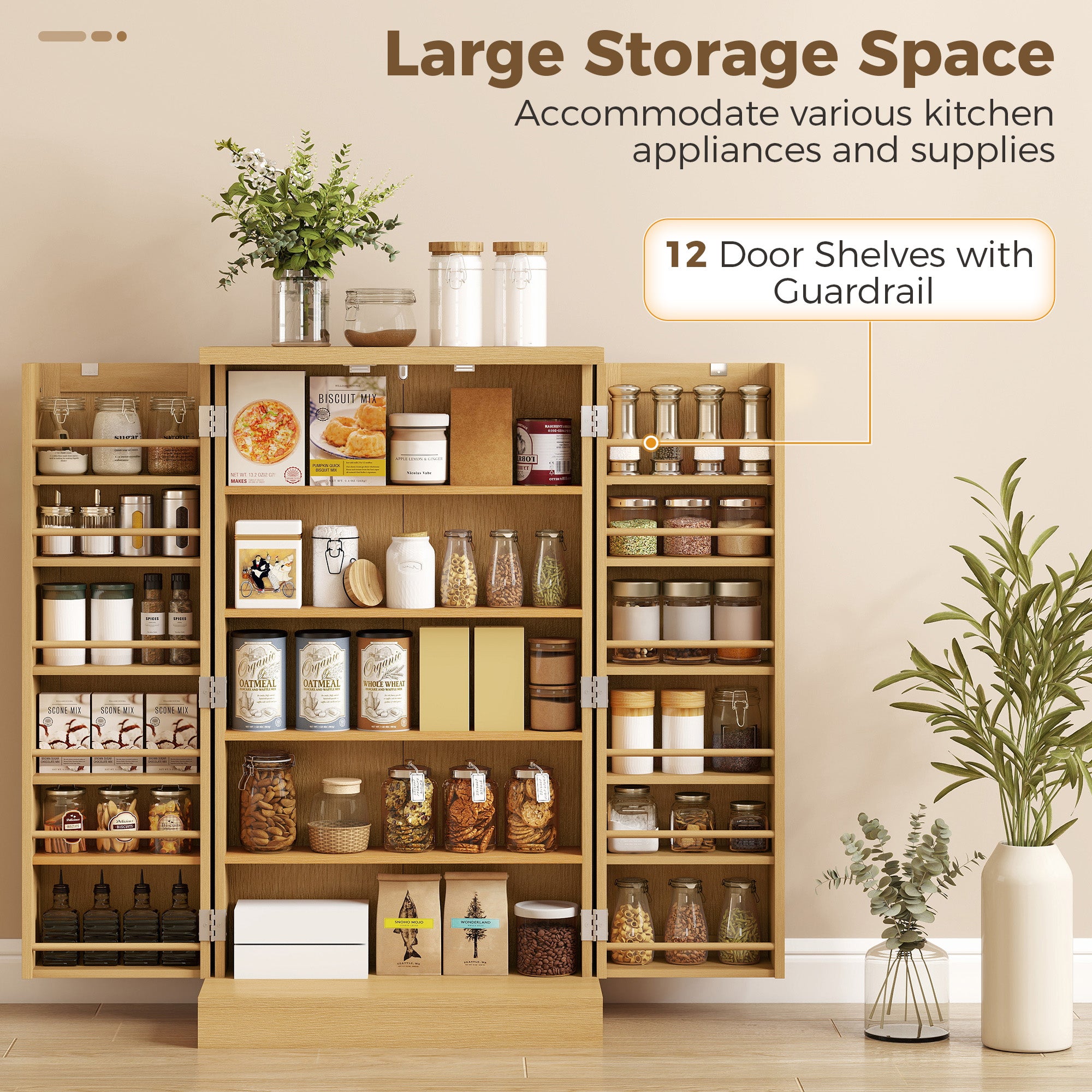 40.9" Kitchen Pantry Cabinet – Rattan Doors, 5-Tier Shelving, 12 Spice Slots & Adjustable Shelves, Natural