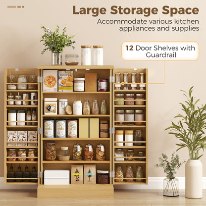 40.9" Kitchen Pantry Cabinet – Rattan Doors, 5-Tier Shelving, 12 Spice Slots & Adjustable Shelves, Natural