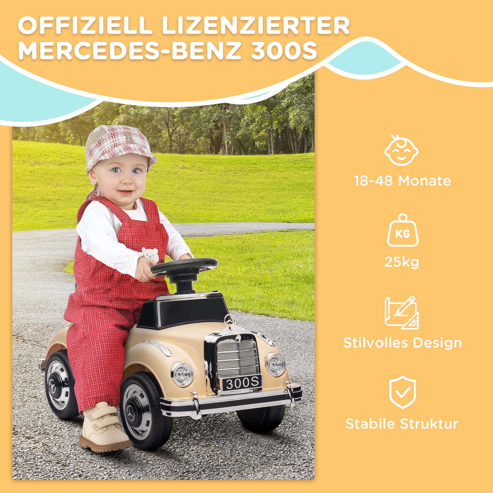 Slide Car, Children's Vehicle, Slider Vehicle with Storage Space, Children's Car with Rollover Protection Slider for 18-48 Months Children, Beige, 77.5 x 41.5 x 45 cm