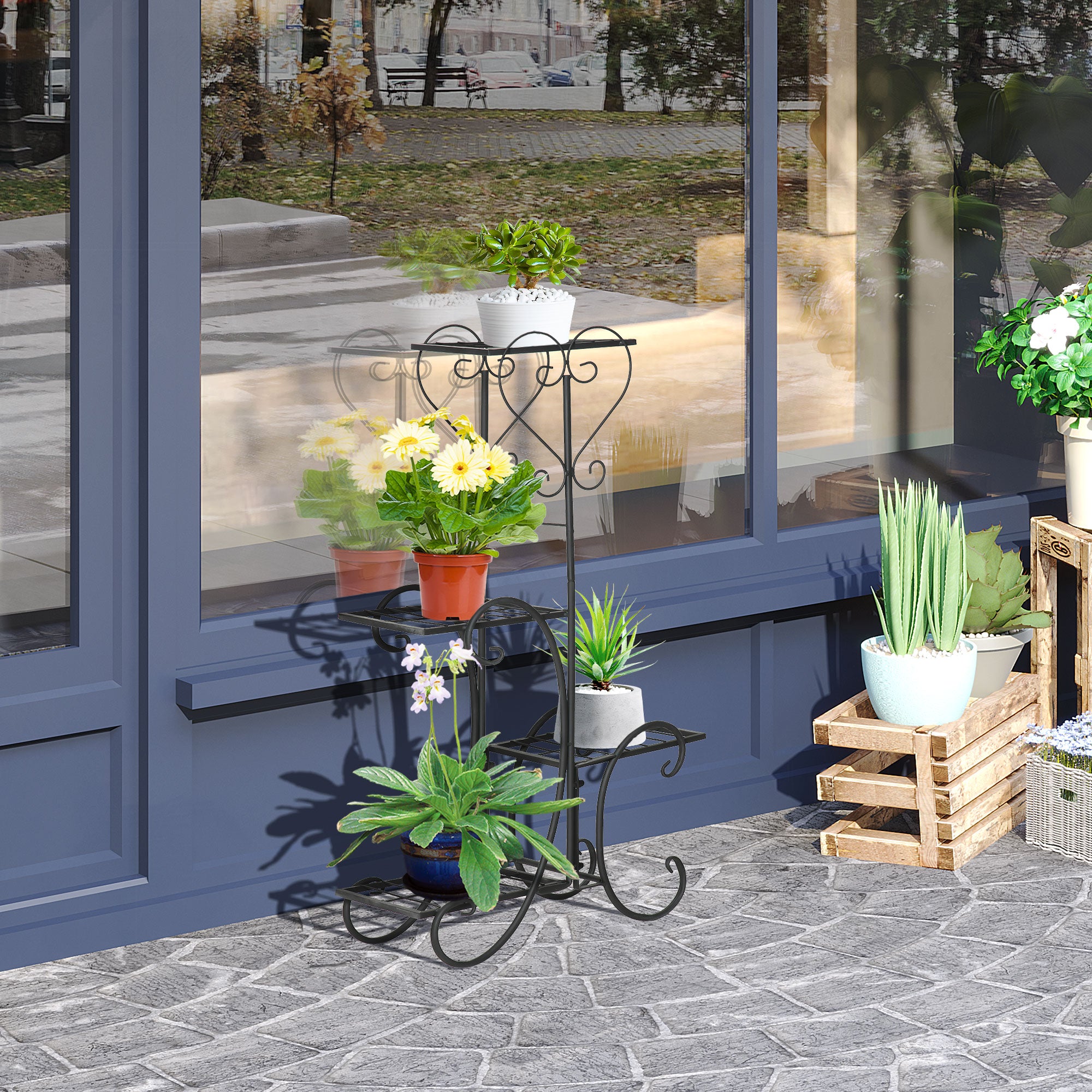Metal Plant Stand Flower Shelf 4 Levels Plant Stand Flower stair for Indoor and Outdoor Garden Balcony Black 45 x 24.5 x 80 cm