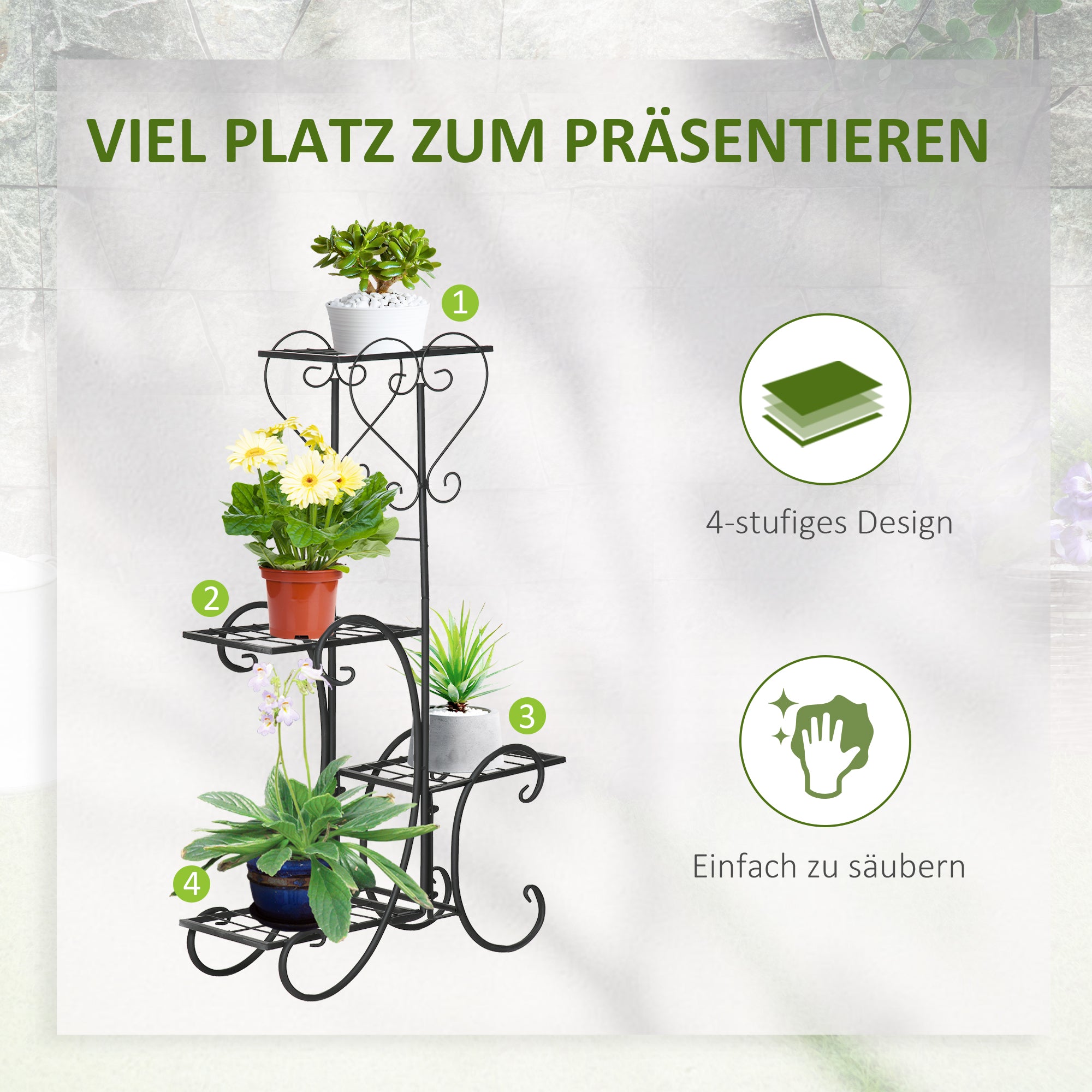 Metal Plant Stand Flower Shelf 4 Levels Plant Stand Flower stair for Indoor and Outdoor Garden Balcony Black 45 x 24.5 x 80 cm