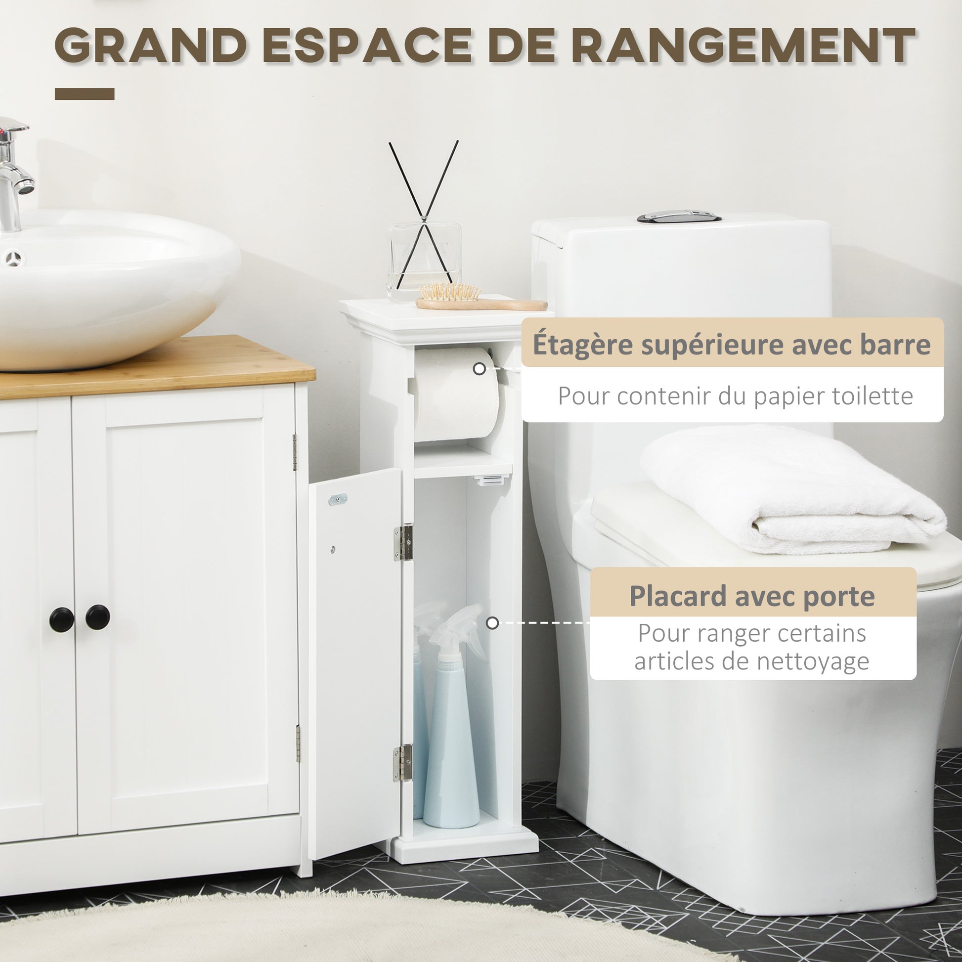 Bathroom Cabinet with Toilet Paper Holder Space Saving Storage in Wood dim. 21.5L x 17.8W x 66.5H cm White
