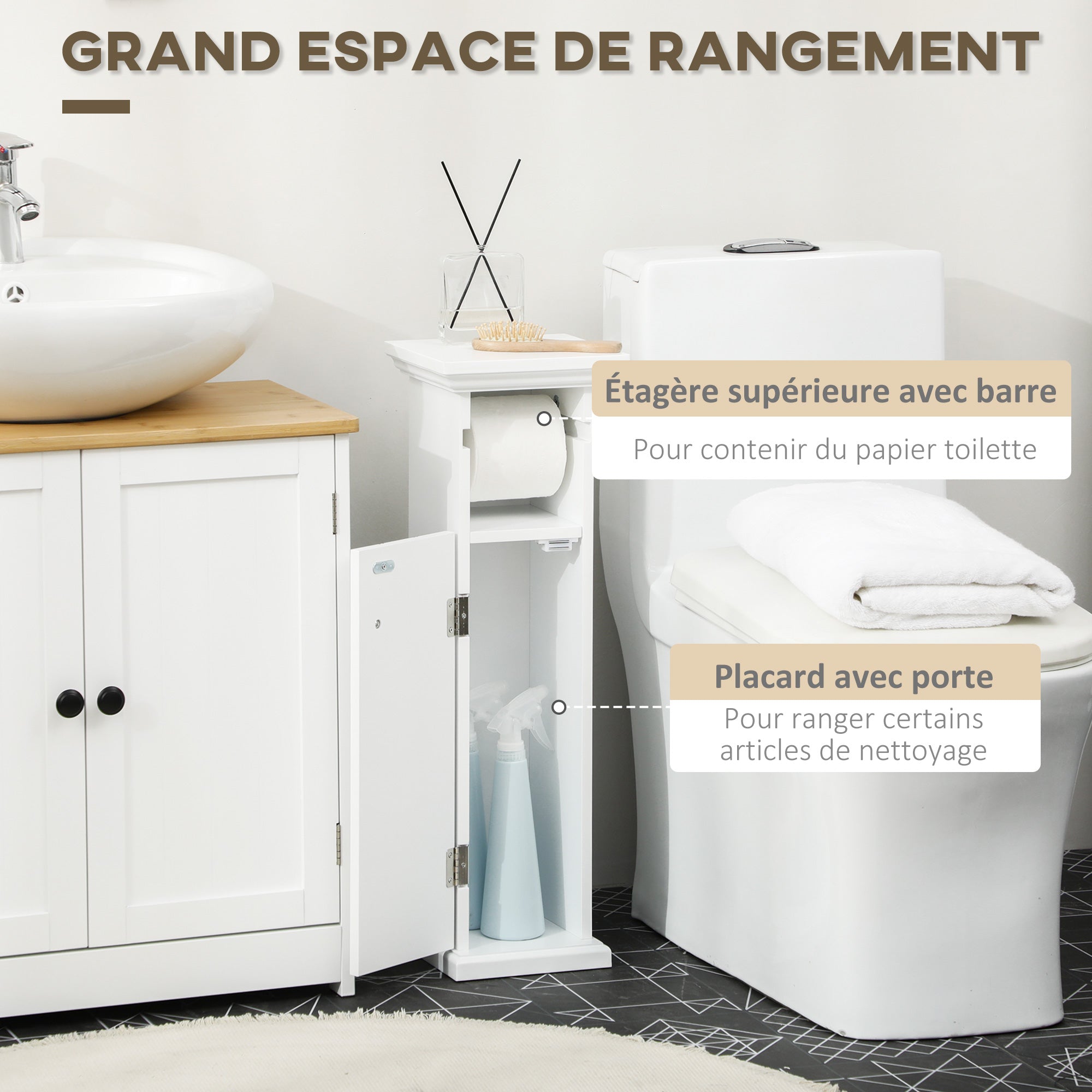 Bathroom Cabinet with Toilet Paper Holder Space Saving Storage in Wood dim. 21.5L x 17.8W x 66.5H cm White