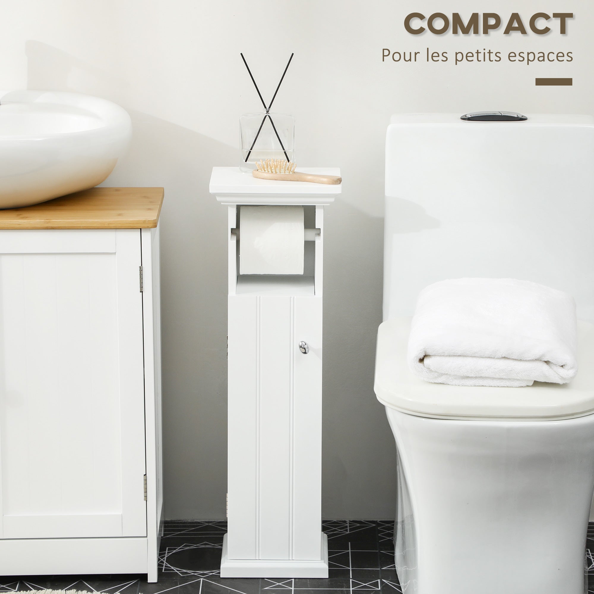 Bathroom Cabinet with Toilet Paper Holder Space Saving Storage in Wood dim. 21.5L x 17.8W x 66.5H cm White