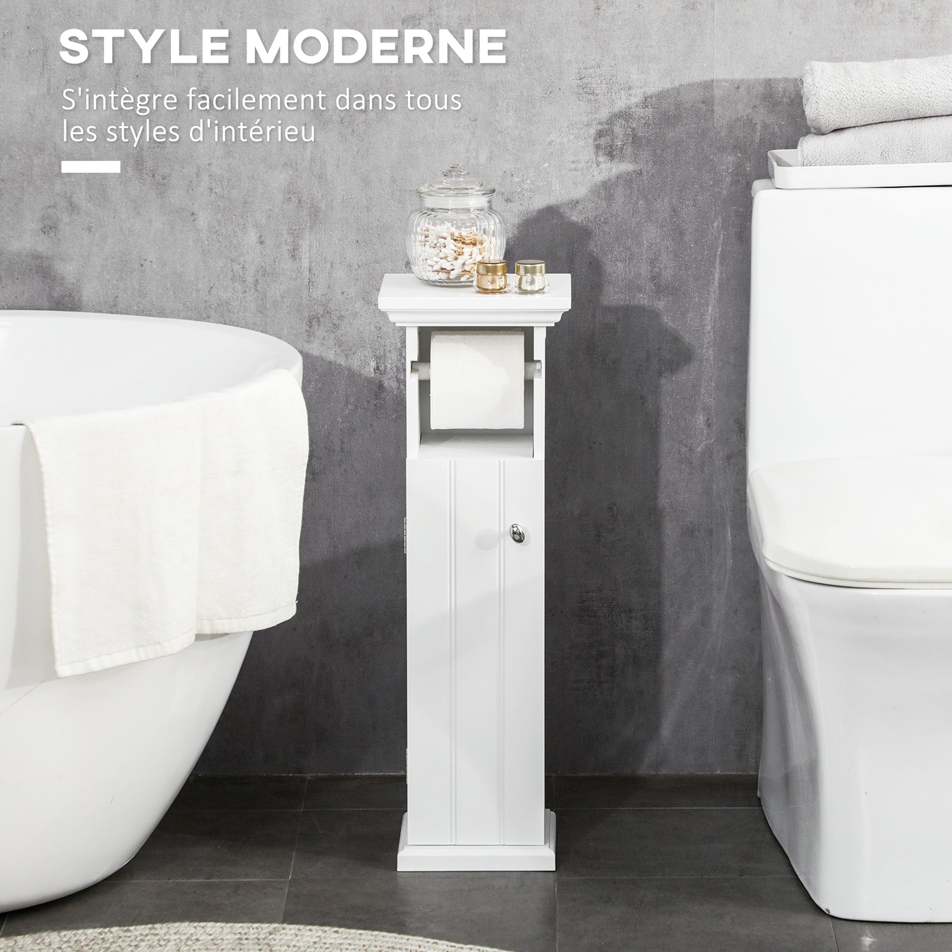 Bathroom Cabinet with Toilet Paper Holder Space Saving Storage in Wood dim. 21.5L x 17.8W x 66.5H cm White