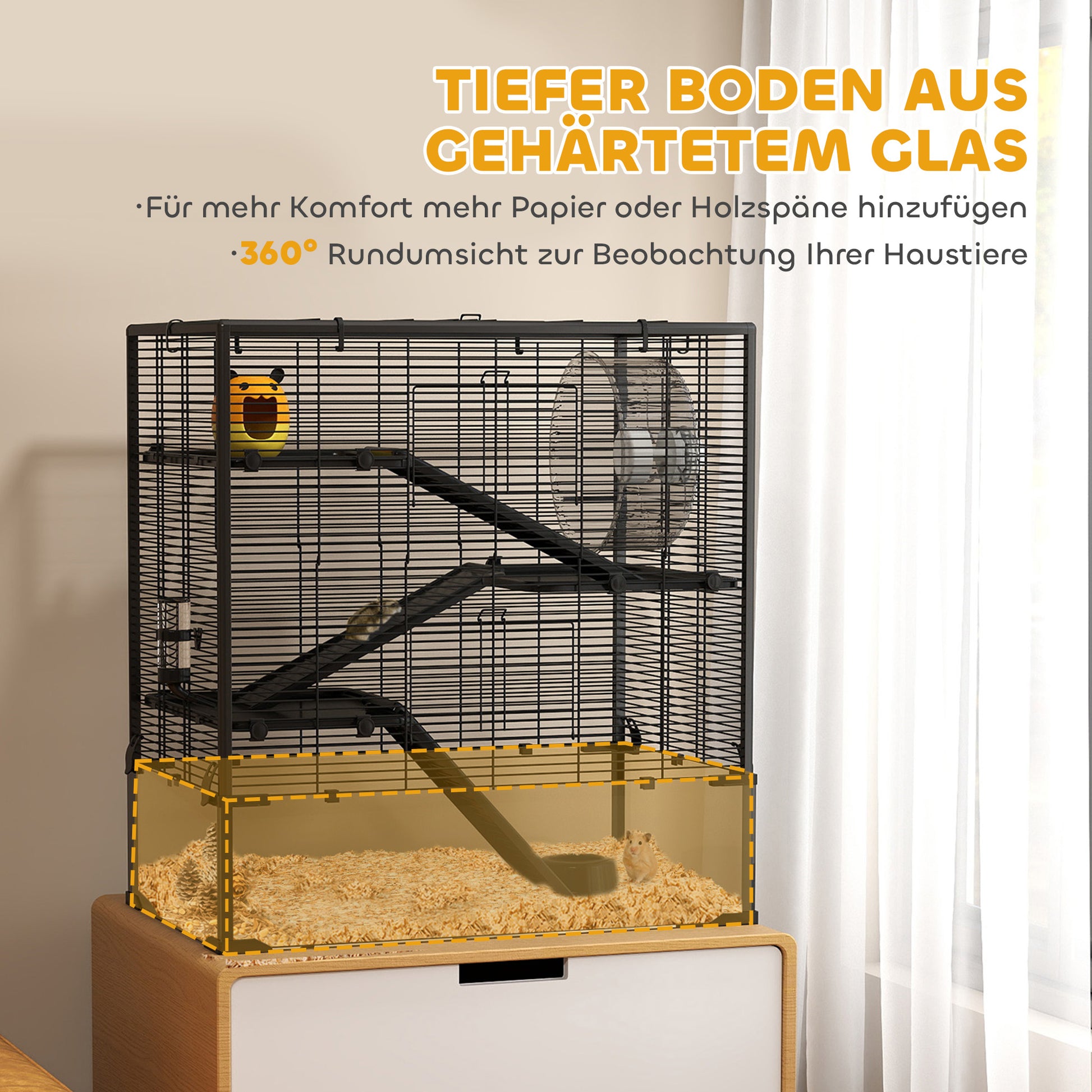 Hamster Cage for Dwarf Hamsters, 4-Level Rodent Cage with Glass Bottom, Hut, Wheel, Ramps, Feeding Bowl, Small Animal Cage for Dwarf Hamsters 78.5 x 48.5 x 80 cm Black