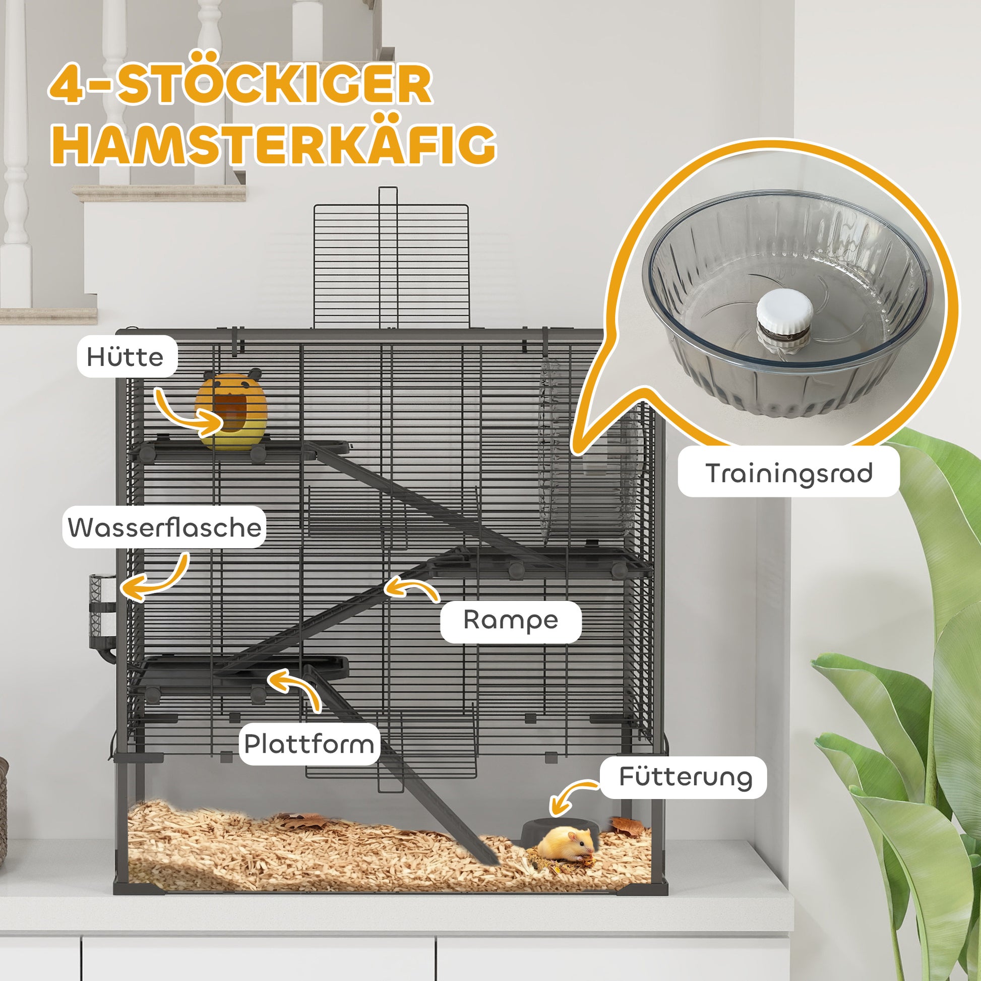 Hamster Cage for Dwarf Hamsters, 4-Level Rodent Cage with Glass Bottom, Hut, Wheel, Ramps, Feeding Bowl, Small Animal Cage for Dwarf Hamsters 78.5 x 48.5 x 80 cm Black