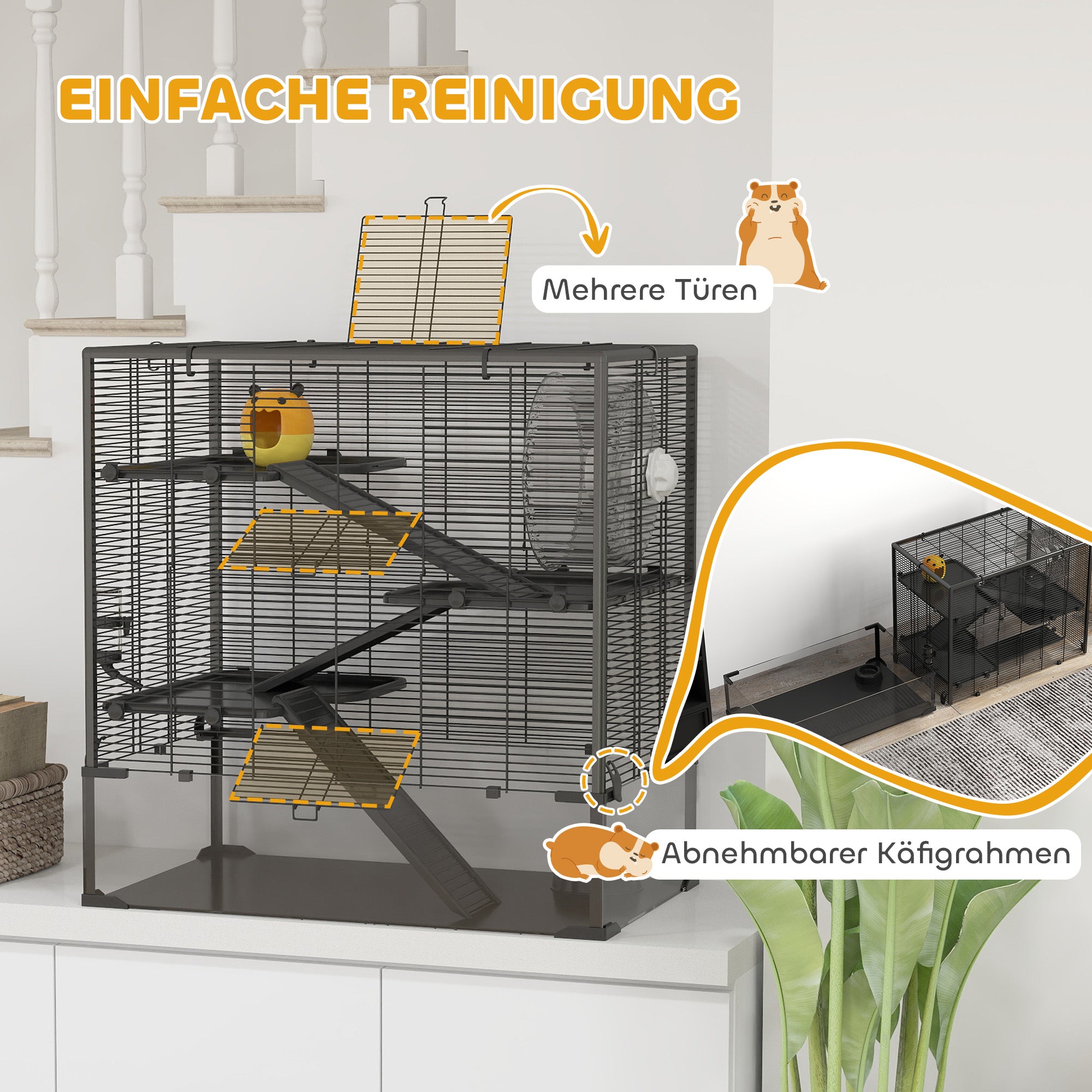 Hamster Cage for Dwarf Hamsters, 4-Level Rodent Cage with Glass Bottom, Hut, Wheel, Ramps, Feeding Bowl, Small Animal Cage for Dwarf Hamsters 78.5 x 48.5 x 80 cm Black