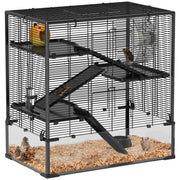 Hamster Cage for Dwarf Hamsters, 4-Level Rodent Cage with Glass Bottom, Hut, Wheel, Ramps, Feeding Bowl, Small Animal Cage for Dwarf Hamsters 78.5 x 48.5 x 80 cm Black