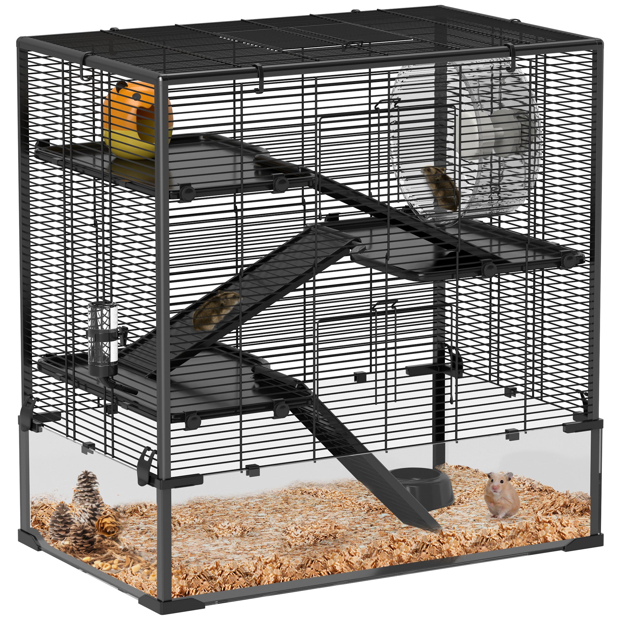 Hamster Cage for Dwarf Hamsters, 4-Level Rodent Cage with Glass Bottom, Hut, Wheel, Ramps, Feeding Bowl, Small Animal Cage for Dwarf Hamsters 78.5 x 48.5 x 80 cm Black