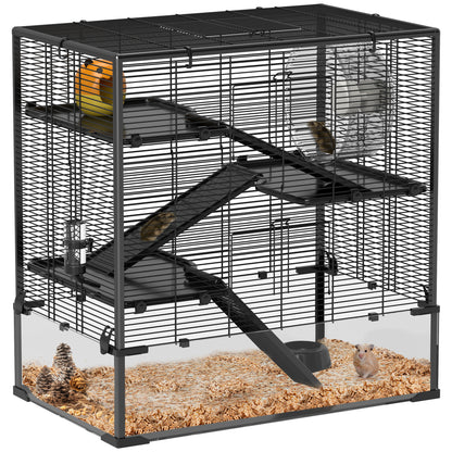 Hamster Cage for Dwarf Hamsters, 4-Level Rodent Cage with Glass Bottom, Hut, Wheel, Ramps, Feeding Bowl, Small Animal Cage for Dwarf Hamsters 78.5 x 48.5 x 80 cm Black