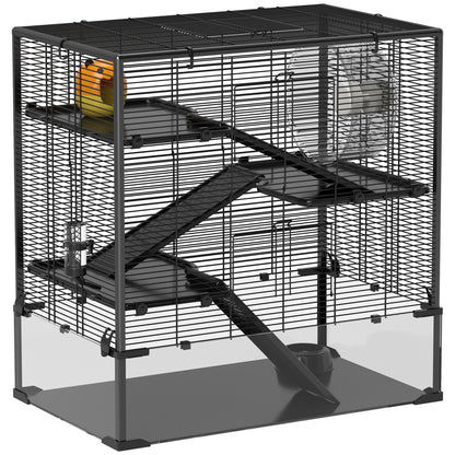 Hamster Cage for Dwarf Hamsters, 4-Level Rodent Cage with Glass Bottom, Hut, Wheel, Ramps, Feeding Bowl, Small Animal Cage for Dwarf Hamsters 78.5 x 48.5 x 80 cm Black