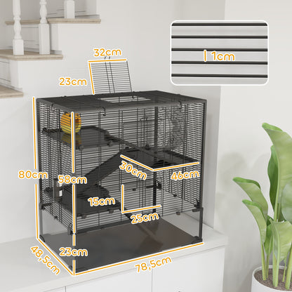 Hamster Cage for Dwarf Hamsters, 4-Level Rodent Cage with Glass Bottom, Hut, Wheel, Ramps, Feeding Bowl, Small Animal Cage for Dwarf Hamsters 78.5 x 48.5 x 80 cm Black