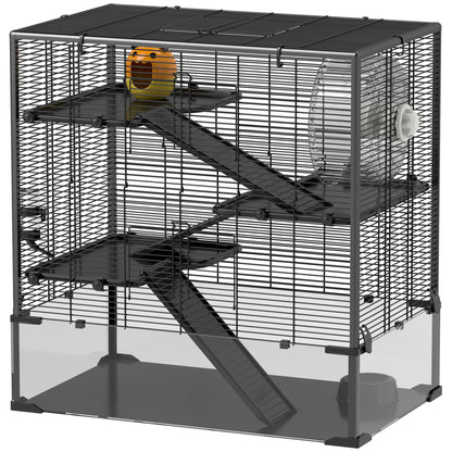 Hamster Cage for Dwarf Hamsters, 4-Level Rodent Cage with Glass Bottom, Hut, Wheel, Ramps, Feeding Bowl, Small Animal Cage for Dwarf Hamsters 78.5 x 48.5 x 80 cm Black
