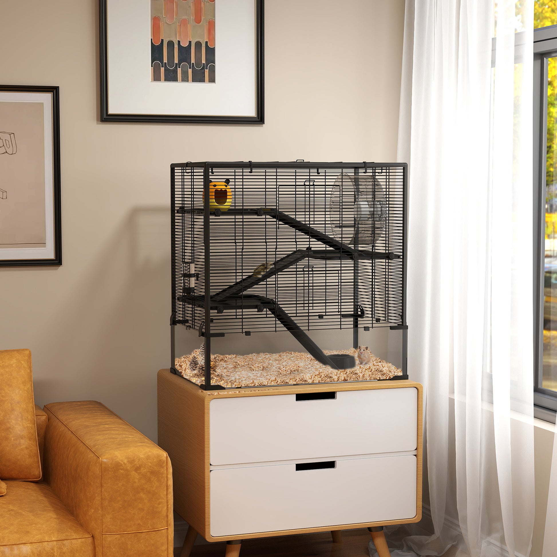 Hamster Cage for Dwarf Hamsters, 4-Level Rodent Cage with Glass Bottom, Hut, Wheel, Ramps, Feeding Bowl, Small Animal Cage for Dwarf Hamsters 78.5 x 48.5 x 80 cm Black