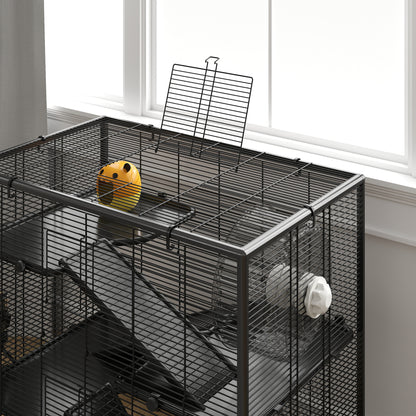 Hamster Cage for Dwarf Hamsters, 4-Level Rodent Cage with Glass Bottom, Hut, Wheel, Ramps, Feeding Bowl, Small Animal Cage for Dwarf Hamsters 78.5 x 48.5 x 80 cm Black