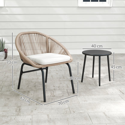 3-piece outdoor furniture set for 2 people with soft seat cushions with braided resin rope and epoxy-coated steel in khaki