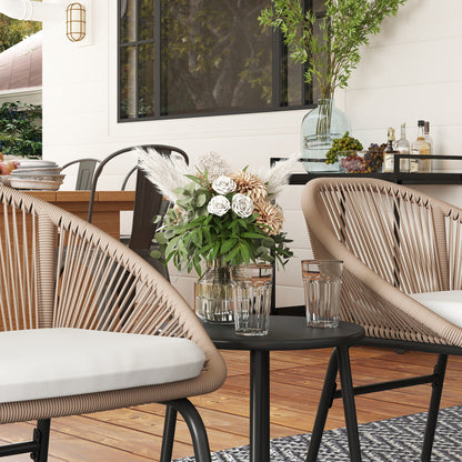 3-piece outdoor furniture set for 2 people with soft seat cushions with braided resin rope and epoxy-coated steel in khaki