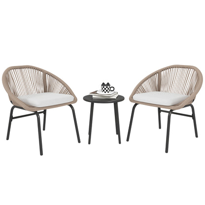 3-piece outdoor furniture set for 2 people with soft seat cushions with braided resin rope and epoxy-coated steel in khaki