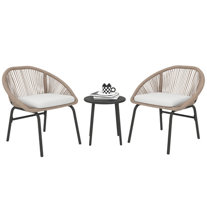 3-piece outdoor furniture set for 2 people with soft seat cushions with braided resin rope and epoxy-coated steel in khaki