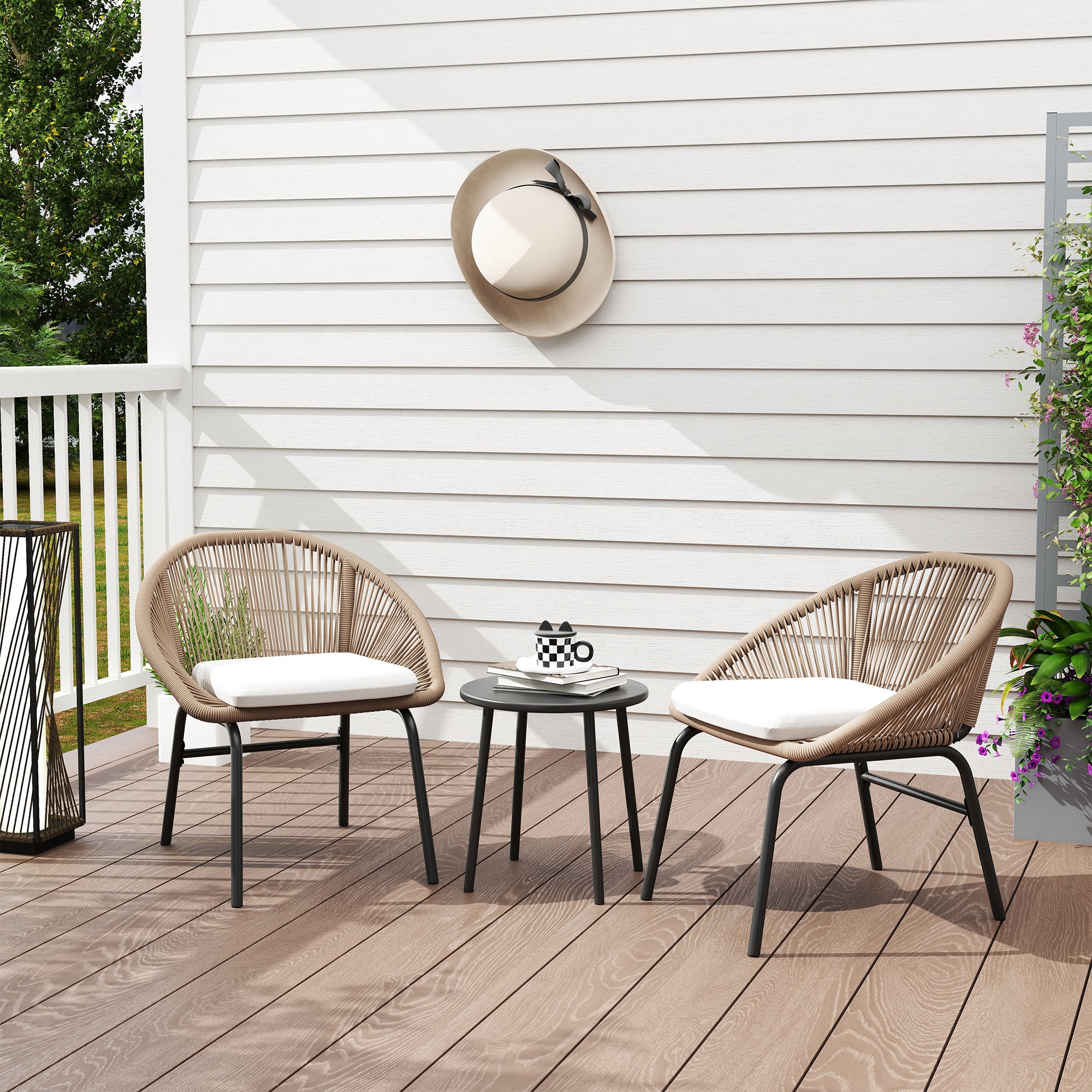 3-piece outdoor furniture set for 2 people with soft seat cushions with braided resin rope and epoxy-coated steel in khaki