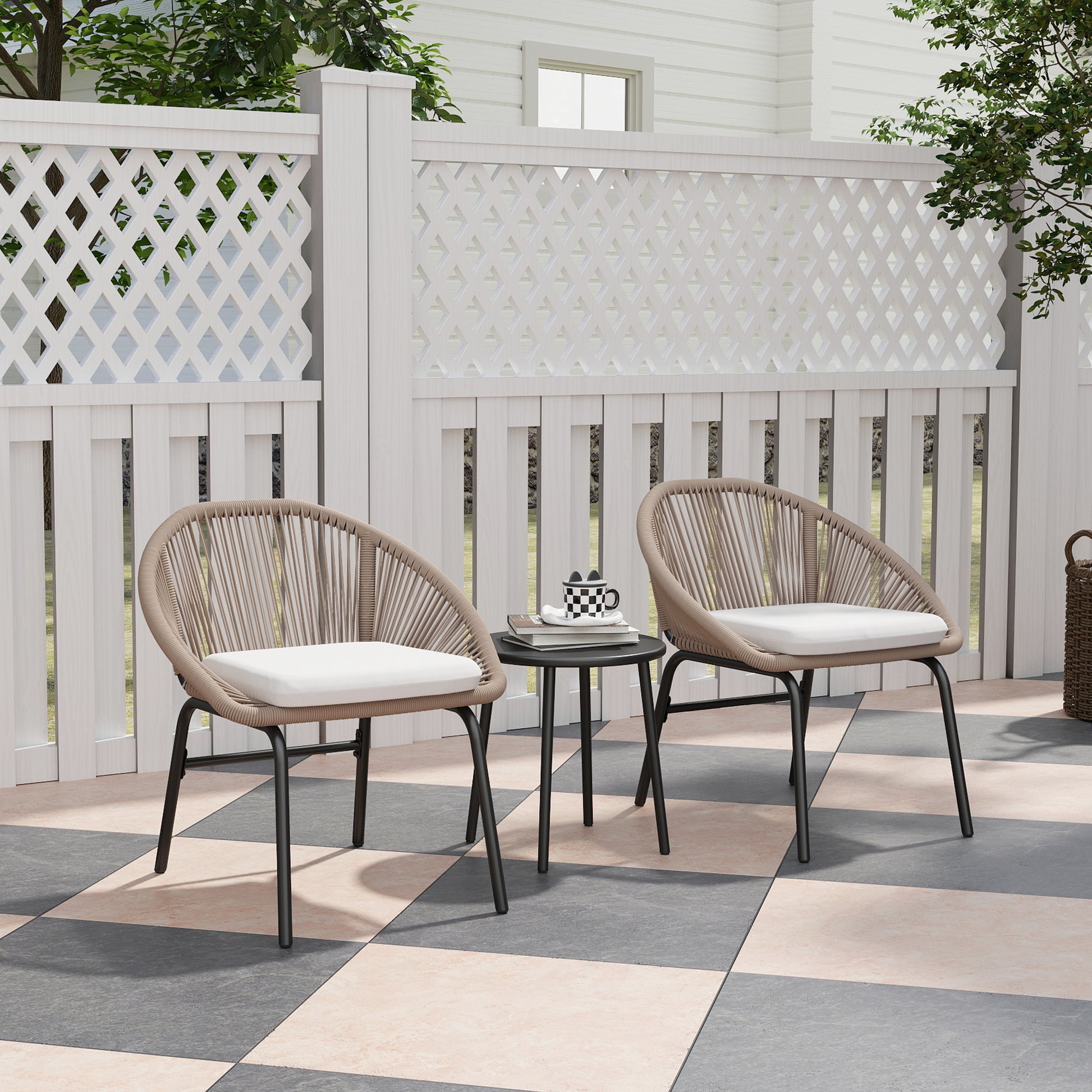 3-piece outdoor furniture set for 2 people with soft seat cushions with braided resin rope and epoxy-coated steel in khaki
