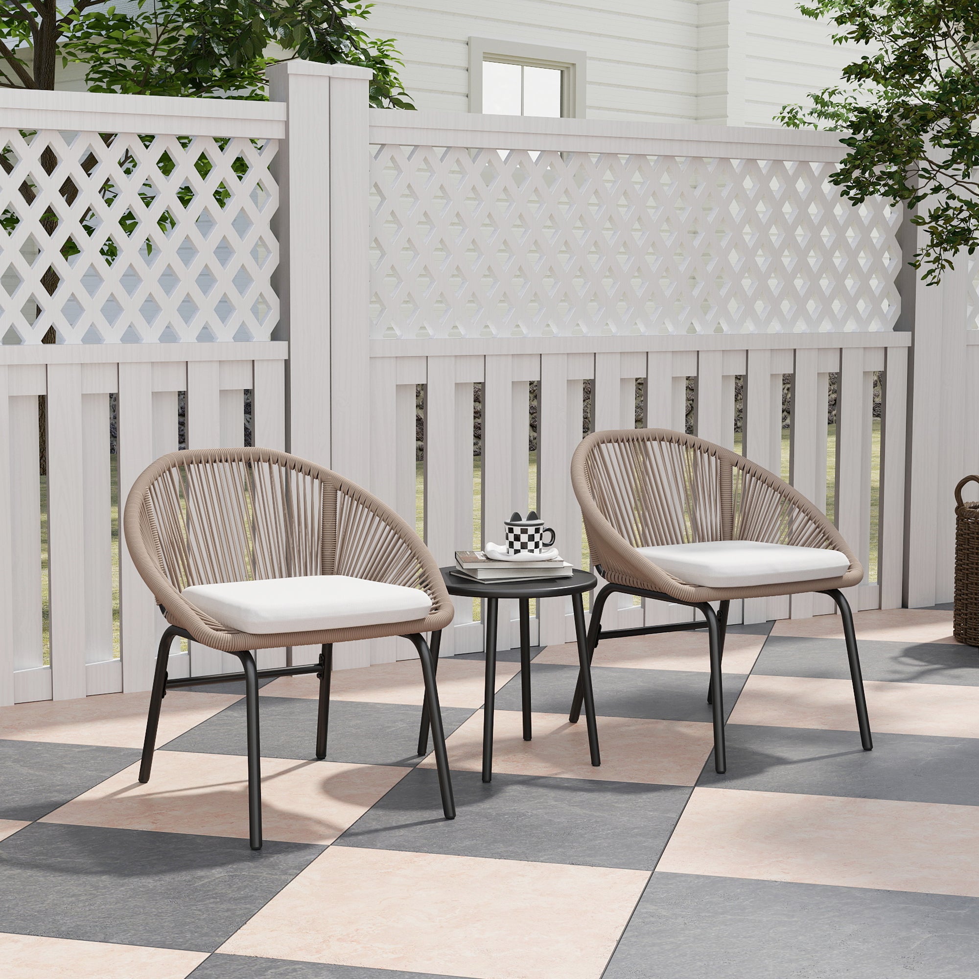 3-piece outdoor furniture set for 2 people with soft seat cushions with braided resin rope and epoxy-coated steel in khaki
