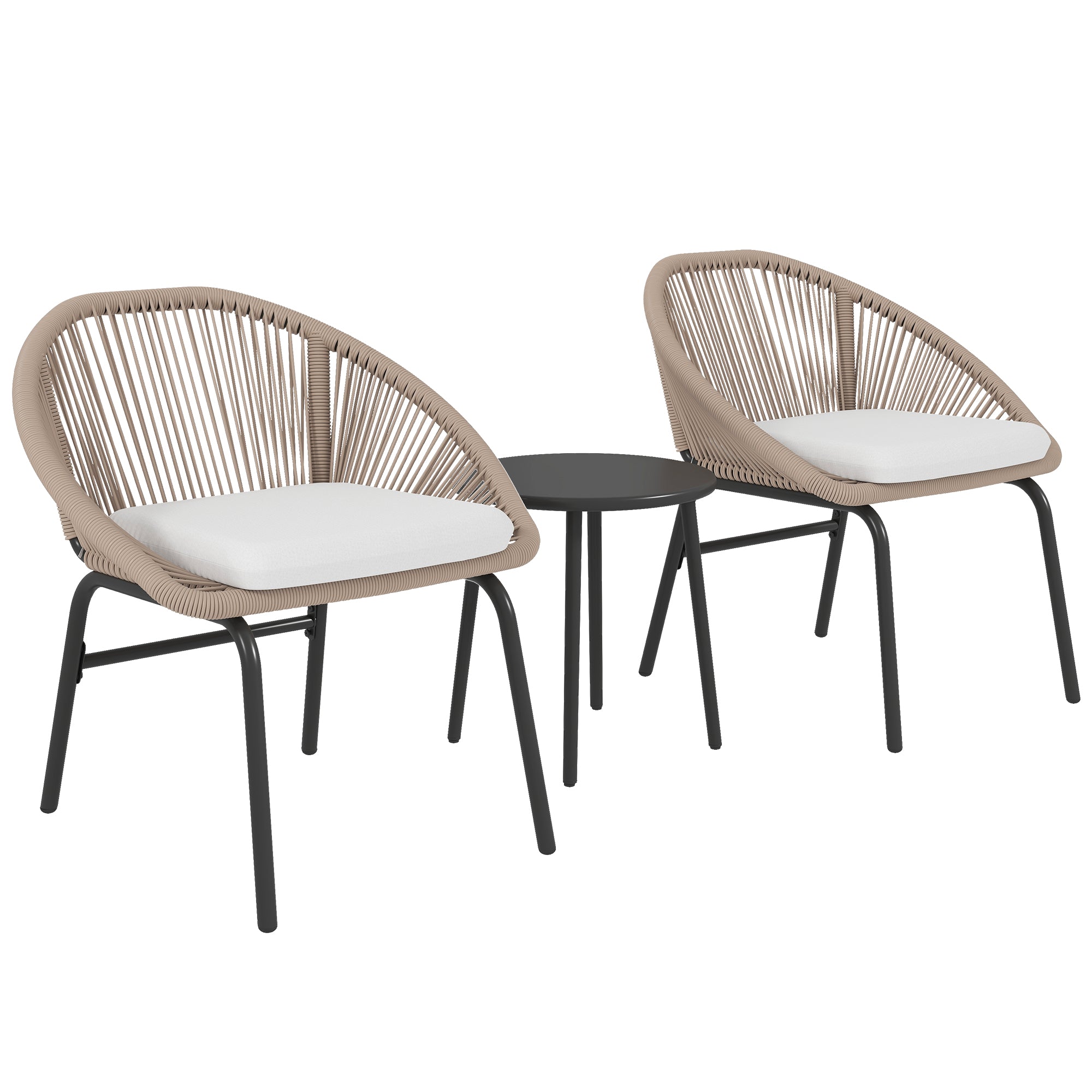 3-piece outdoor furniture set for 2 people with soft seat cushions with braided resin rope and epoxy-coated steel in khaki