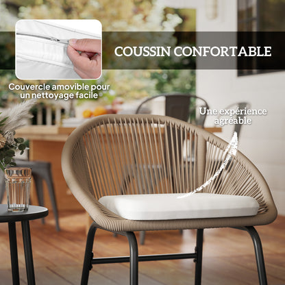 3-piece outdoor furniture set for 2 people with soft seat cushions with braided resin rope and epoxy-coated steel in khaki