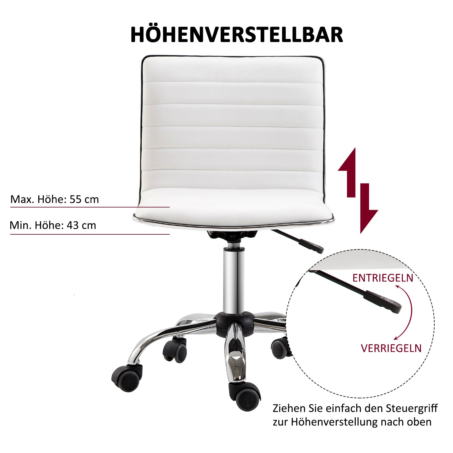 Home Office Chair Desk Chair in Faux Leather Adjustable Height Swivel Chair up to 120 kg Load Capacity, Makeup Chair for Study, Bedroom, White