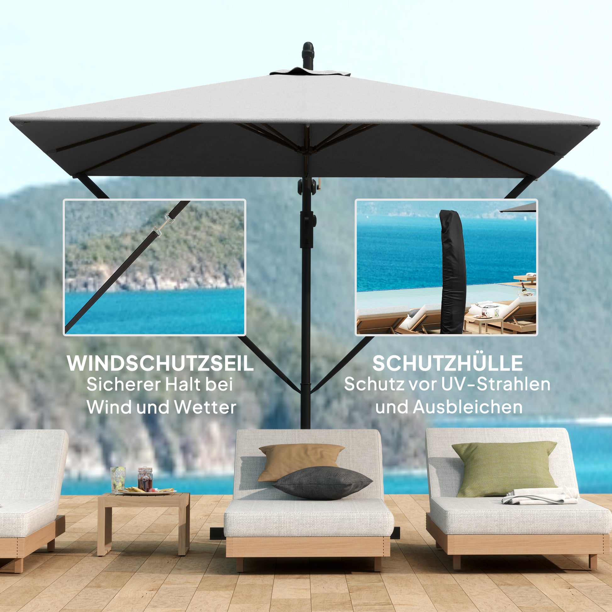 Offset Patio Umbrella Ø260 cm Sunshade with UV Protection 50+ Water-Resistant Crank Umbrella with Stand, Cover, Crank, Windproof System, Market Umbrella Tiltable Garden Umbrella for Balcony Terrace Gray