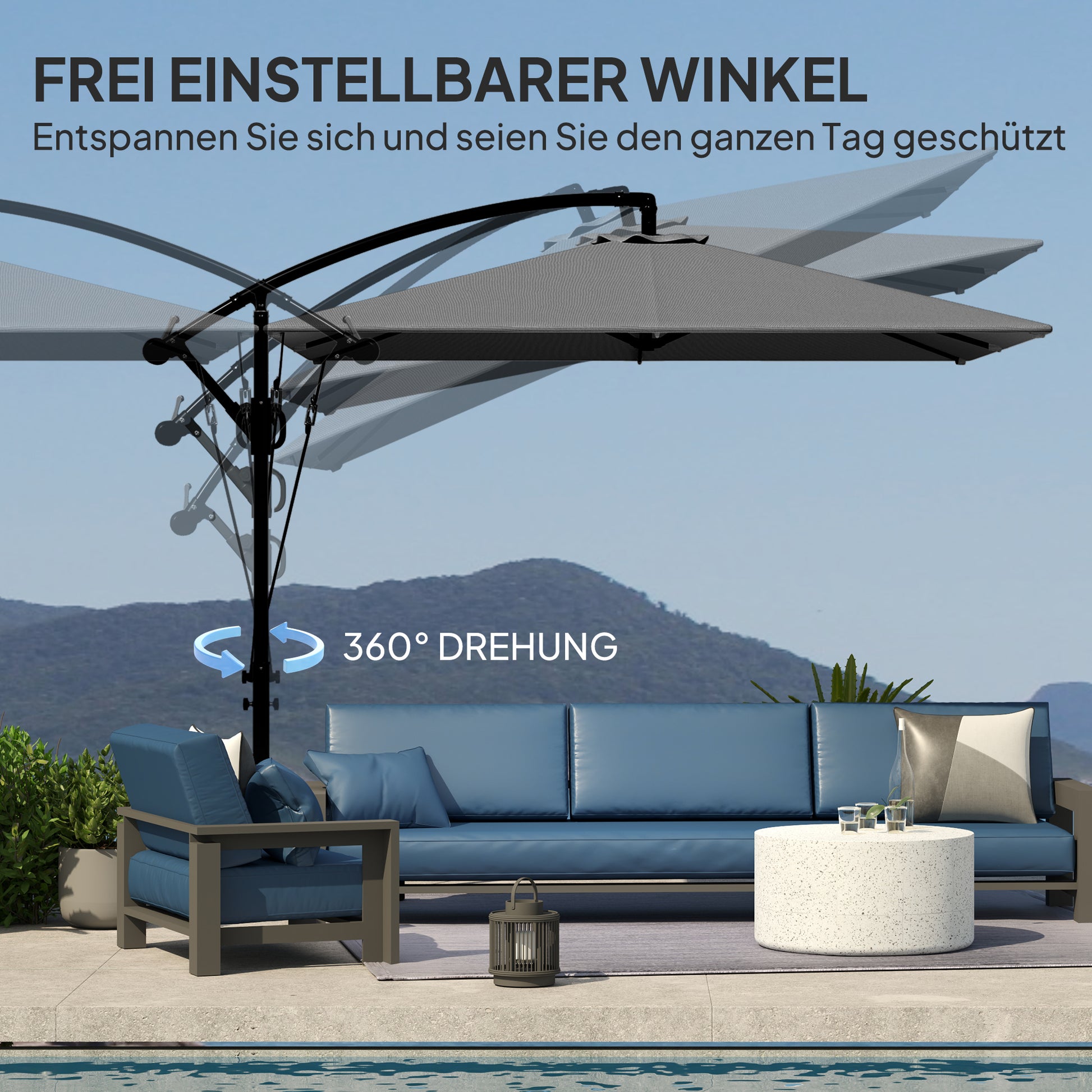 Offset Patio Umbrella Ø260 cm Sunshade with UV Protection 50+ Water-Resistant Crank Umbrella with Stand, Cover, Crank, Windproof System, Market Umbrella Tiltable Garden Umbrella for Balcony Terrace Gray