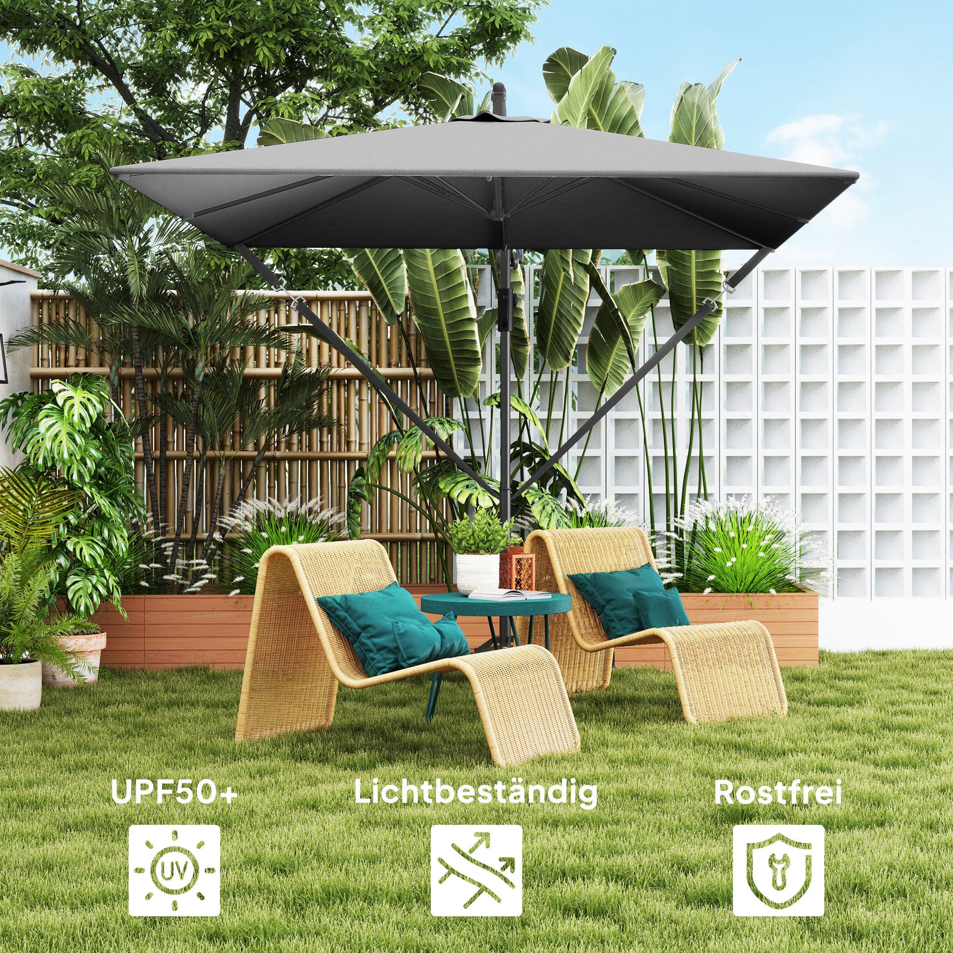 Offset Patio Umbrella Ø260 cm Sunshade with UV Protection 50+ Water-Resistant Crank Umbrella with Stand, Cover, Crank, Windproof System, Market Umbrella Tiltable Garden Umbrella for Balcony Terrace Gray