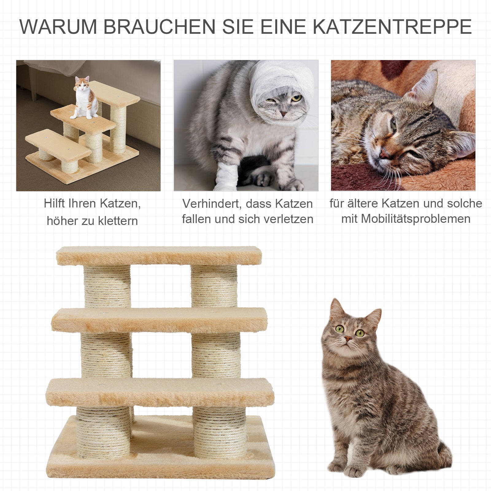 Dog Stairs 3 Steps 34 cm High Pet Stairs for Cat Dogs Foldable Cat Stairs Dog Ramp Entry Aid for Bed, Sofa, Couch Cream