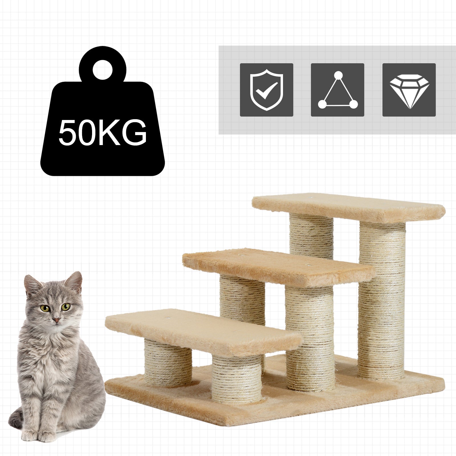 Dog Stairs 3 Steps 34 cm High Pet Stairs for Cat Dogs Foldable Cat Stairs Dog Ramp Entry Aid for Bed, Sofa, Couch Cream