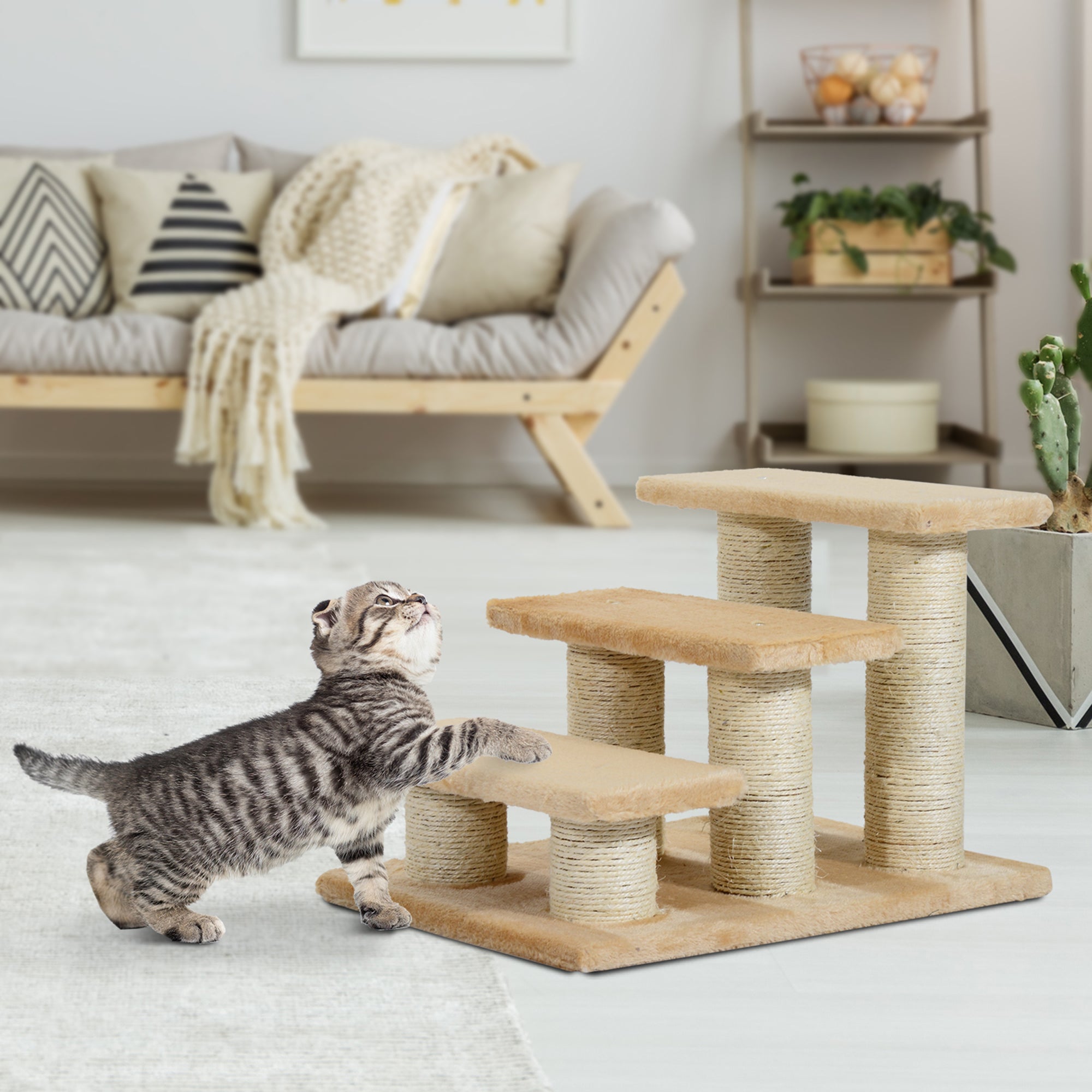 Dog Stairs 3 Steps 34 cm High Pet Stairs for Cat Dogs Foldable Cat Stairs Dog Ramp Entry Aid for Bed, Sofa, Couch Cream