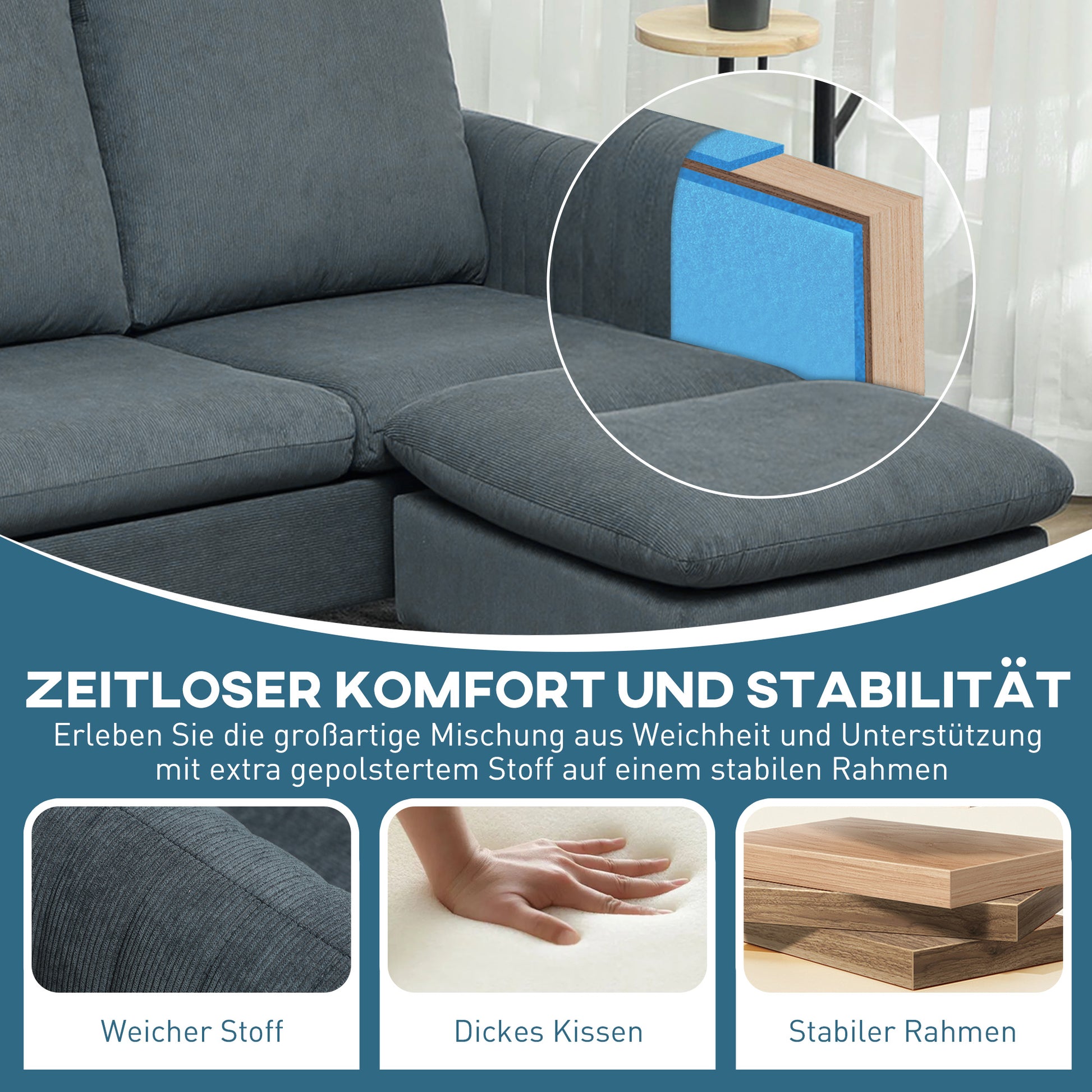 Corner Sofa Bed with Footstool, 3 Scatter Cushions, L-Shape Sofa for Living Room, Bedroom 196 x 140 x 88 cm Gray