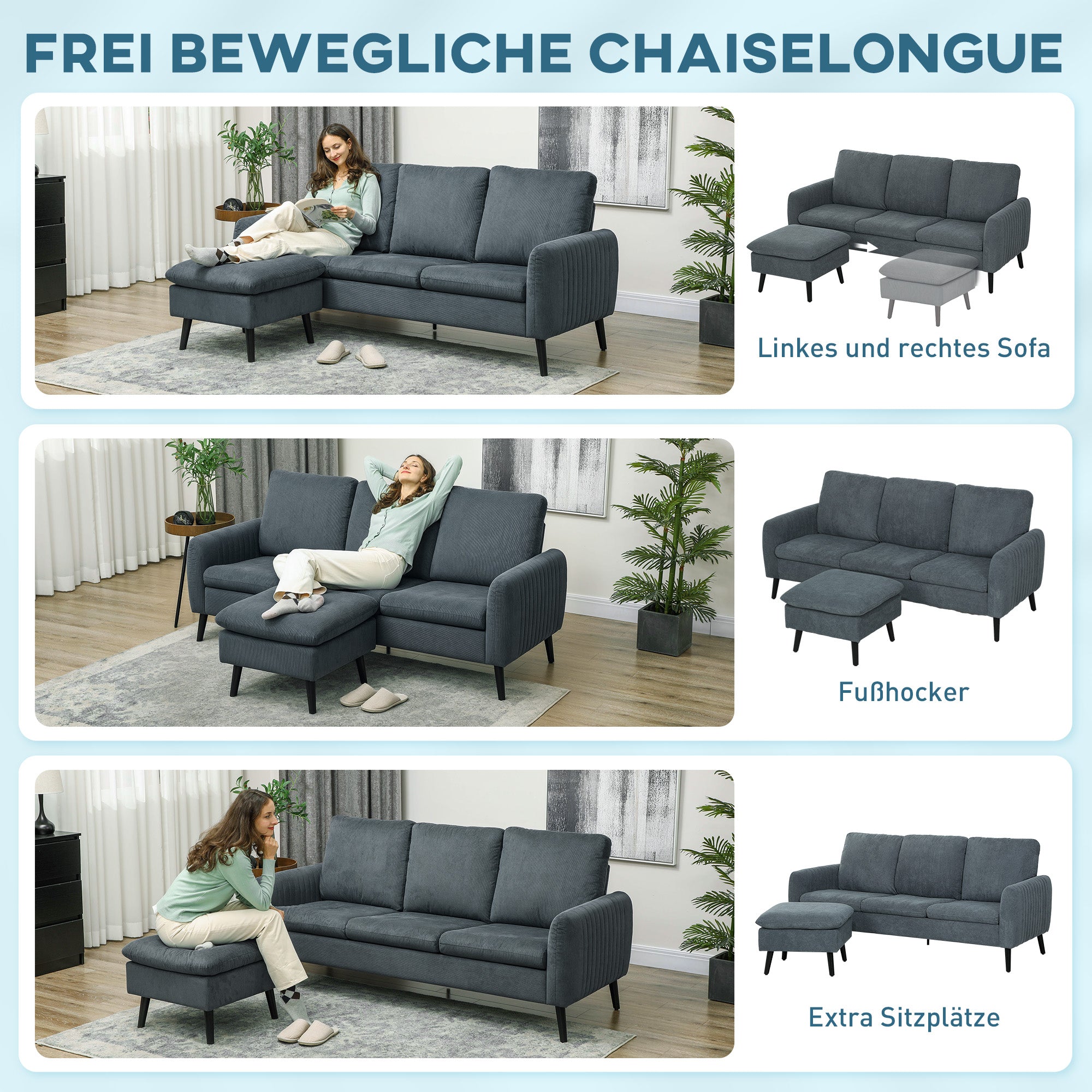 Corner Sofa Bed with Footstool, 3 Scatter Cushions, L-Shape Sofa for Living Room, Bedroom 196 x 140 x 88 cm Gray