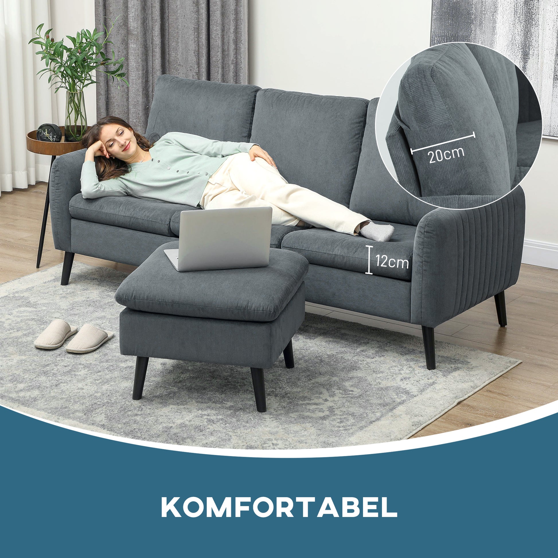 Corner Sofa Bed with Footstool, 3 Scatter Cushions, L-Shape Sofa for Living Room, Bedroom 196 x 140 x 88 cm Gray
