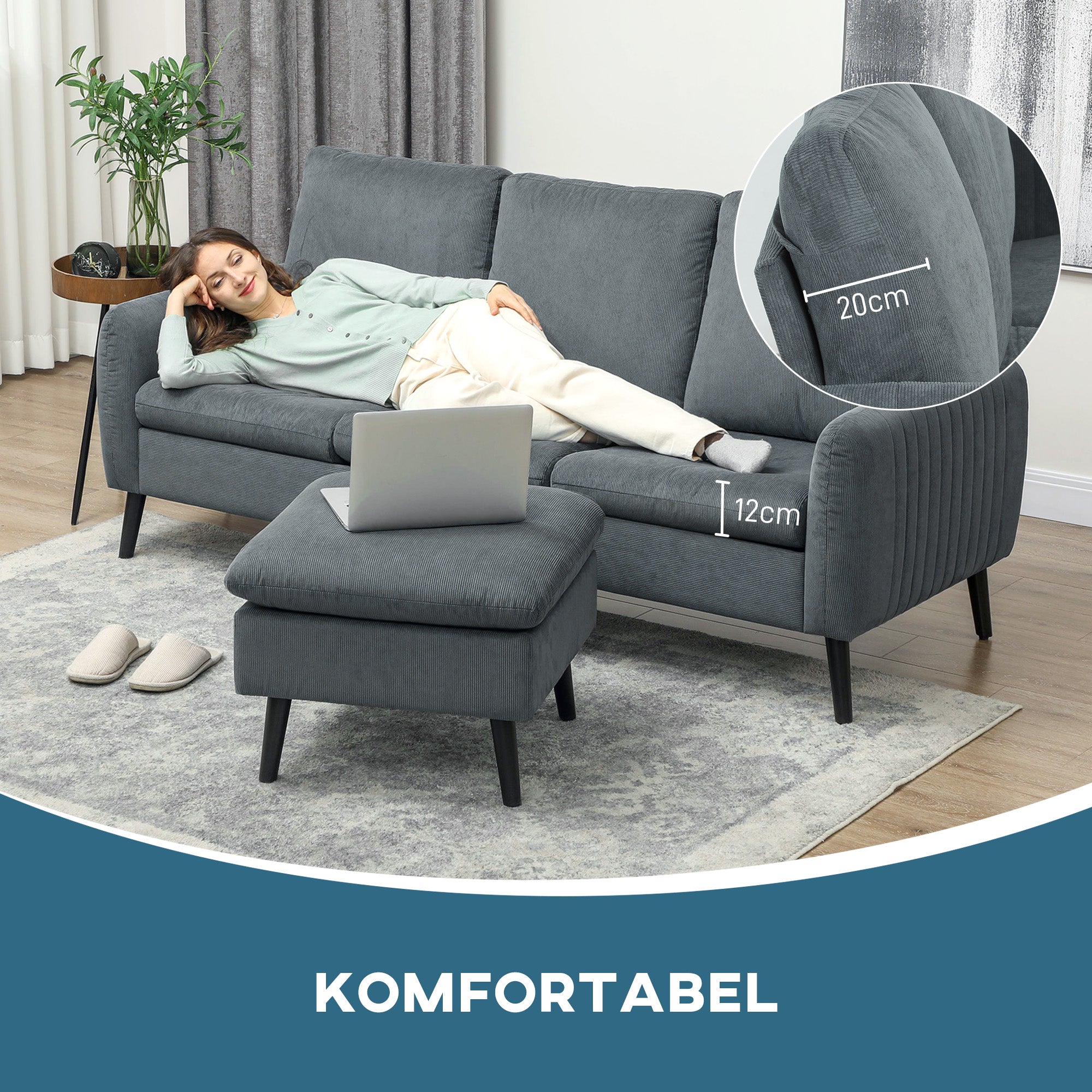 Corner Sofa Bed with Footstool, 3 Scatter Cushions, L-Shape Sofa for Living Room, Bedroom 196 x 140 x 88 cm Gray
