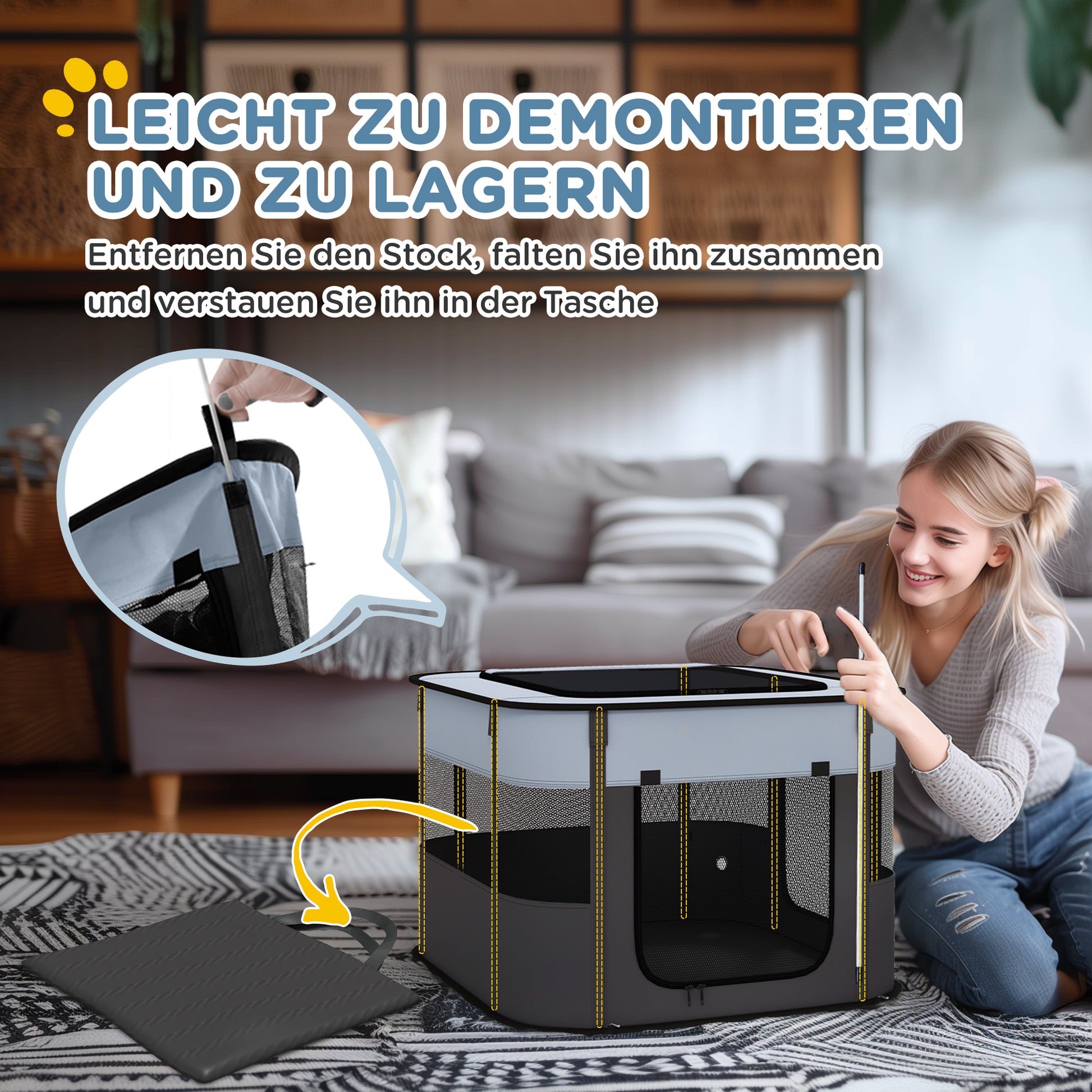 Puppy Enclosure, Puppy Playpen with Doors, Windows, Foldable Play Area, Breathable Mesh, for small dogs under 4 kg and small animals, Indoor and Outdoor, 74 x 60 x 45 cm, Gray