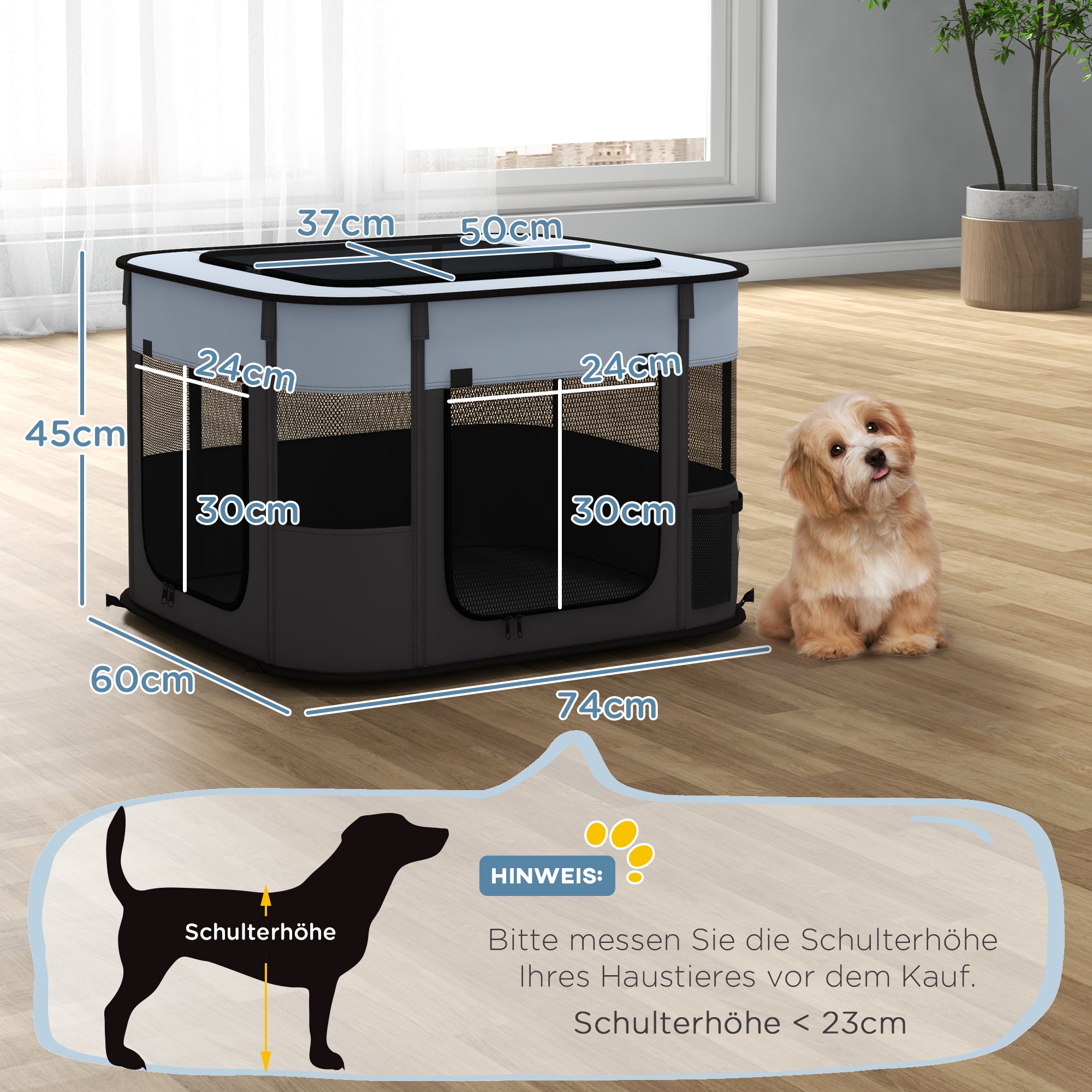 Puppy Enclosure, Puppy Playpen with Doors, Windows, Foldable Play Area, Breathable Mesh, for small dogs under 4 kg and small animals, Indoor and Outdoor, 74 x 60 x 45 cm, Gray