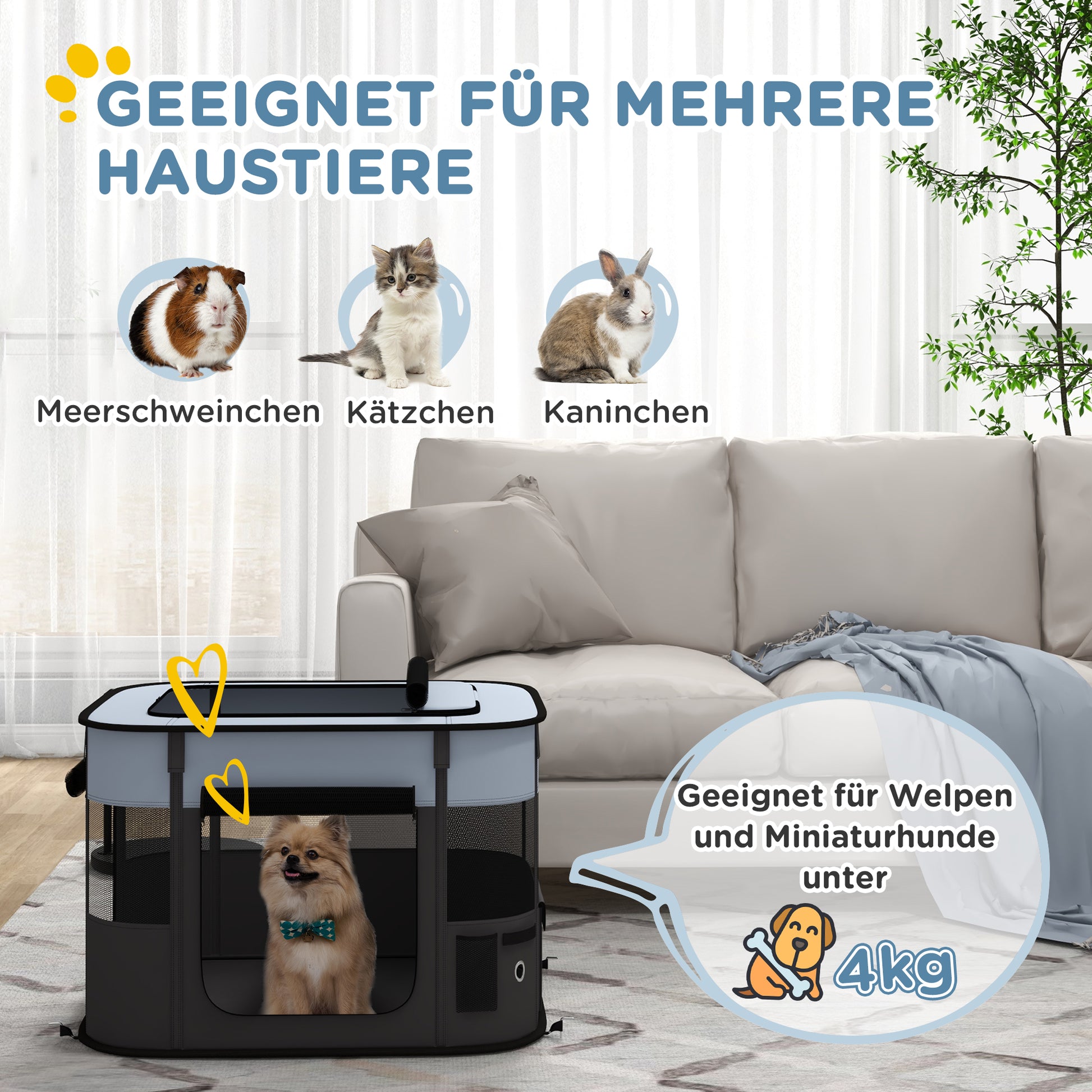 Puppy Enclosure, Puppy Playpen with Doors, Windows, Foldable Play Area, Breathable Mesh, for small dogs under 4 kg and small animals, Indoor and Outdoor, 74 x 60 x 45 cm, Gray