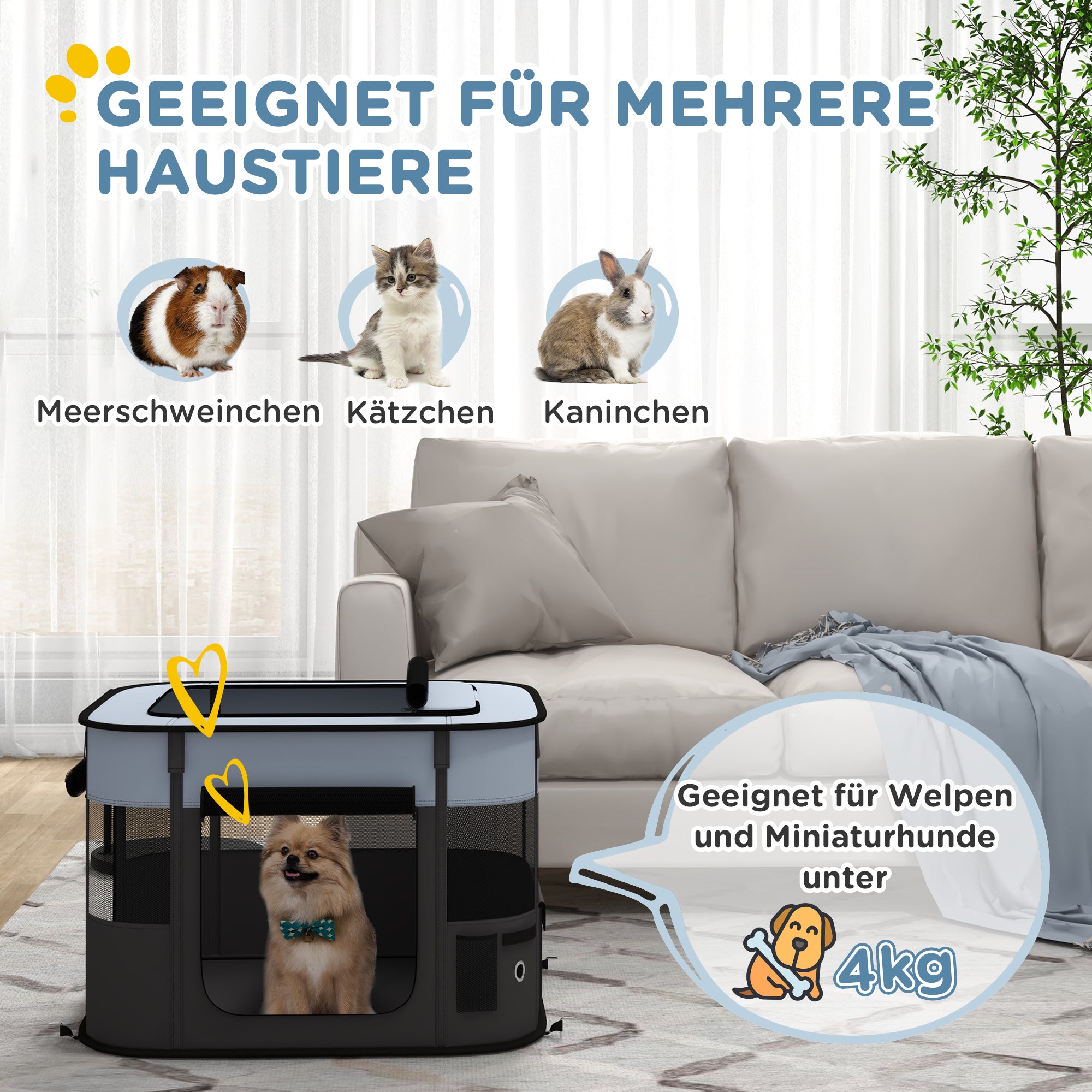 Puppy Enclosure, Puppy Playpen with Doors, Windows, Foldable Play Area, Breathable Mesh, for small dogs under 4 kg and small animals, Indoor and Outdoor, 74 x 60 x 45 cm, Gray