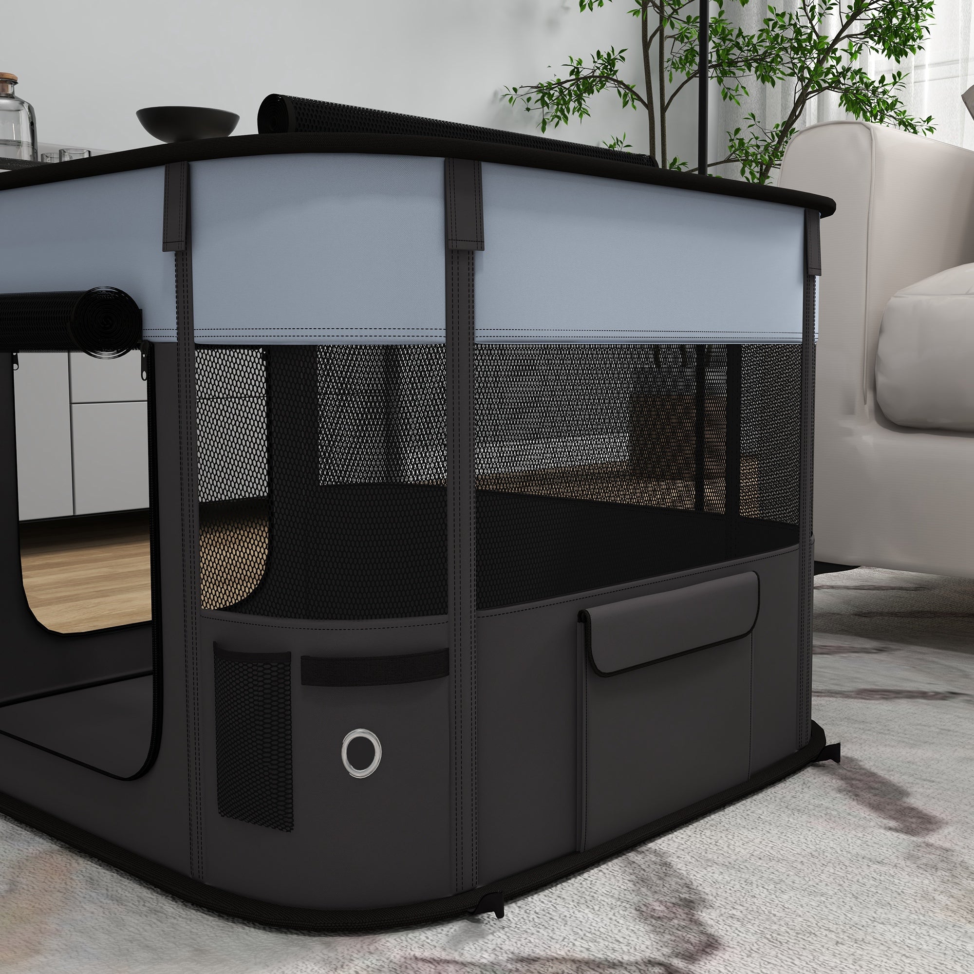Puppy Enclosure, Puppy Playpen with Doors, Windows, Foldable Play Area, Breathable Mesh, for small dogs under 4 kg and small animals, Indoor and Outdoor, 74 x 60 x 45 cm, Gray