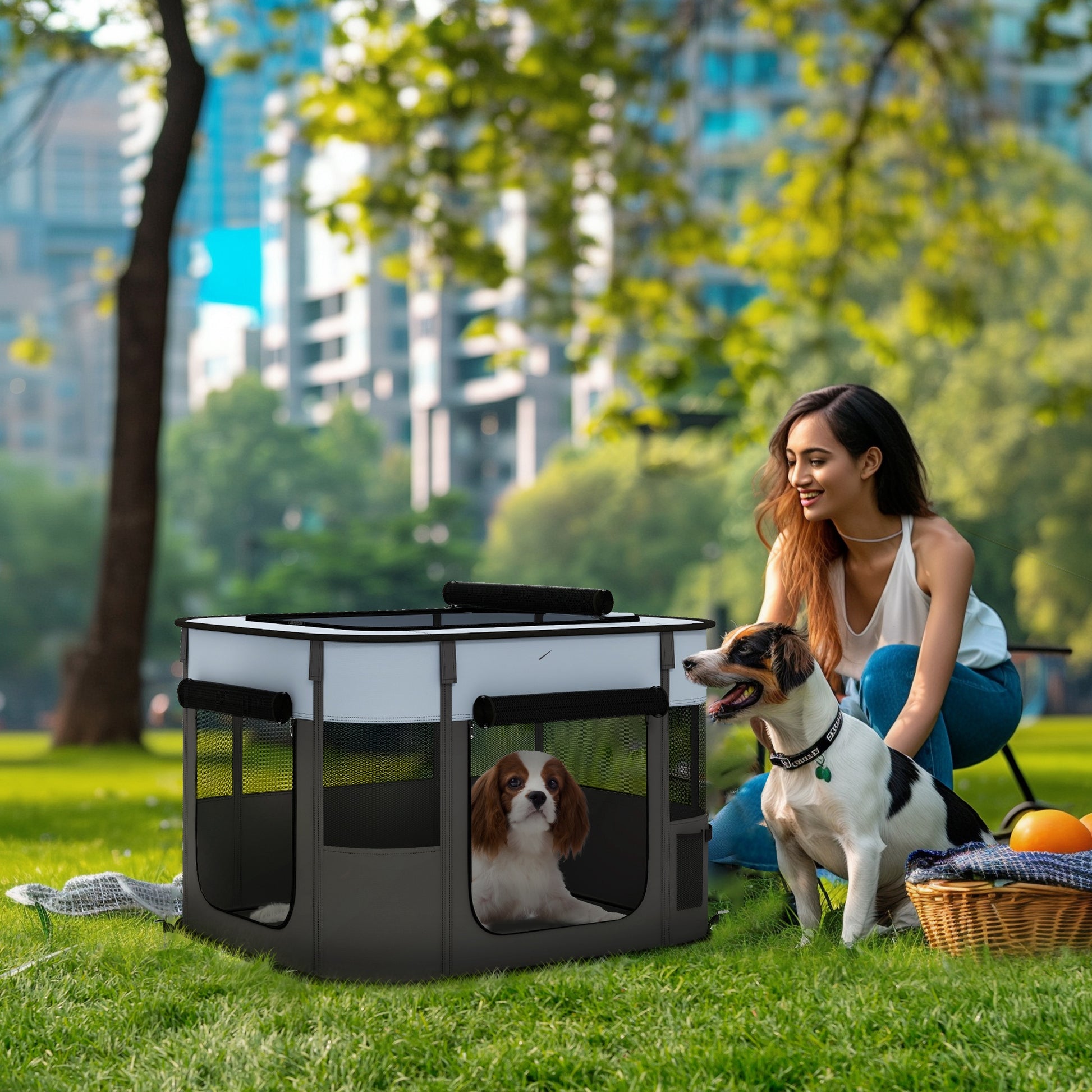 Puppy Enclosure, Puppy Playpen with Doors, Windows, Foldable Play Area, Breathable Mesh, for small dogs under 4 kg and small animals, Indoor and Outdoor, 74 x 60 x 45 cm, Gray